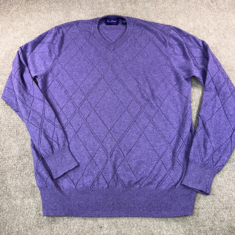 Alan Flusser Purple V-Neck Sweater Cotton Cashmere Diamond Knit Mens Large